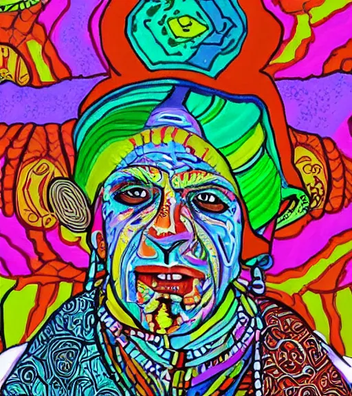 Image similar to Portrait painting in psychodelic style of an old shaman dressed in a colorful traditional clothes.
