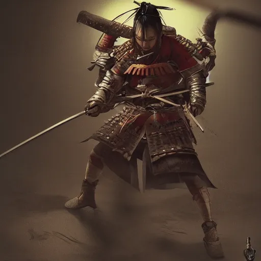 Prompt: Portrait of Sickly diseased dying Samurai warrior wielding a katana, by Feng Zhu, highly detailed, excellent composition, cinematic concept art, dramatic lighting, trending on ArtStation