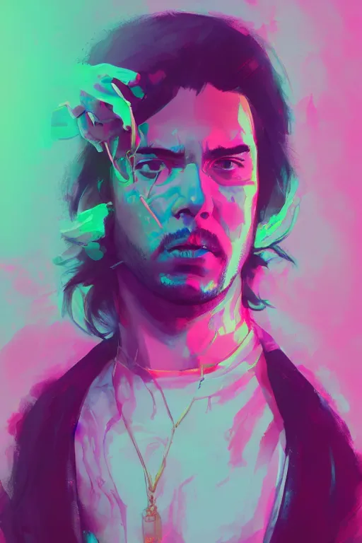Prompt: portrait of andrew wk, busted nose, party hard in neon, charlie bowater, artgerm, ilya kuvshinov, krenz cushart, ruan jia, realism, ultra detailed, 8 k resolution