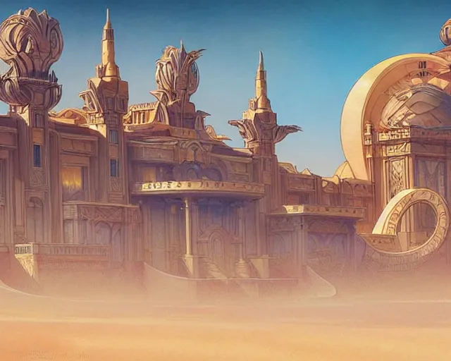 Image similar to art deco palace in the desert, fantasy, intricate, elegant, highly detailed, digital painting, artstation, concept art, matte, sharp, illustration, hearthstone, art by artgerm and greg rutkowski and alphonse mucha