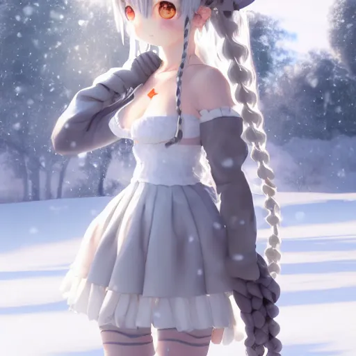 Prompt: nymph render of a very beautiful 3d anime girl, wearing white scarf, silver long curly hair, twist braid, watery eyes, cat ears, full round face, short smile, long white dress, in the snow, medium shot, mid-shot, highly detailed, trending on Artstation, Unreal Engine 4k