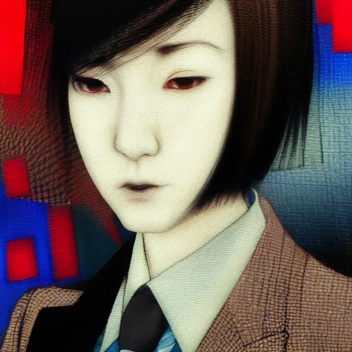 Image similar to yoshitaka amano blurred and dreamy realistic three quarter angle portrait of a young woman with short hair and black eyes wearing office suit with tie, junji ito abstract patterns in the background, satoshi kon anime, noisy film grain effect, highly detailed, renaissance oil painting, weird portrait angle, blurred lost edges