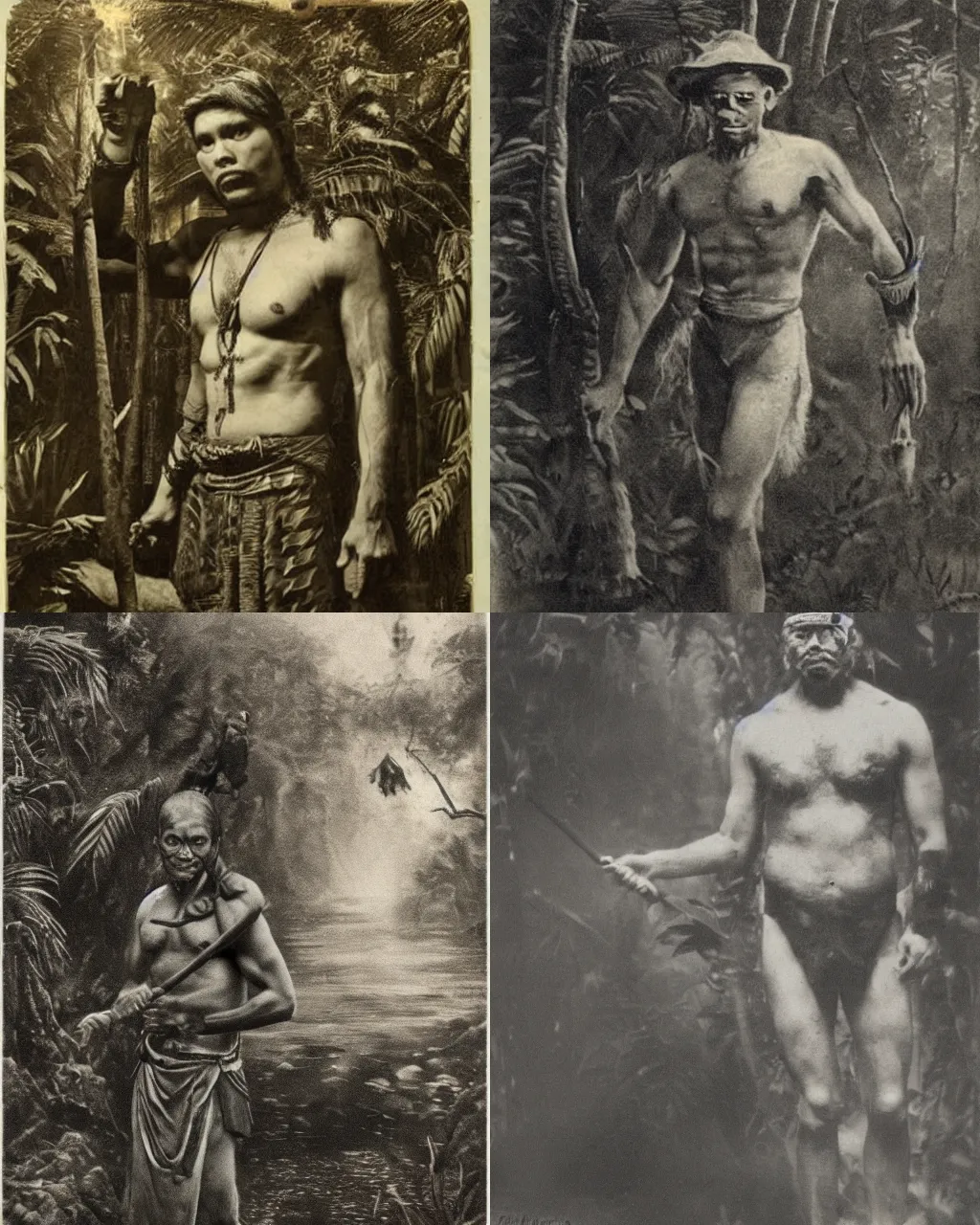 Prompt: very realistic photo!!! medium shot of tribal magician man ,. background: jungle river, very heavy vignette!!!, dramatic dark ,1900s picture