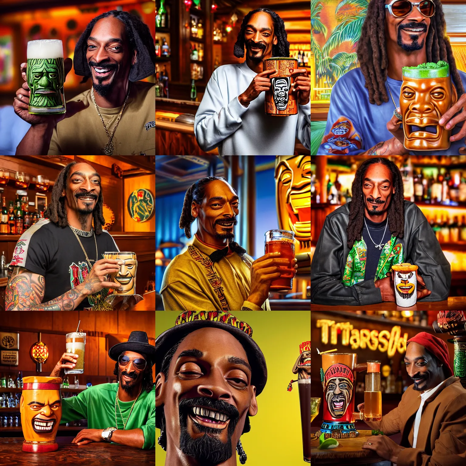 Prompt: a closeup photorealistic photograph of happy snoop dogg at trader vic's bar holding a tiki mug that features the face of snoop dogg. brightly lit scene. this 4 k hd image is trending on artstation, featured on behance, well - rendered, extra crisp, features intricate detail, epic composition and the style of unreal engine.