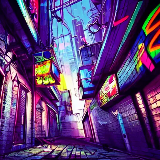 Image similar to beautiful graffiti on a wall in a cyberpunk city, happy mood, futuristic, neon, high detail, sunset, realistic