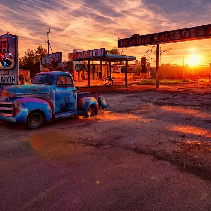 Image similar to a sunset light landscape with historical route 6 6, lots of sparkling details and sun ray ’ s, blinding backlight, smoke, volumetric lighting, colorful, octane, 3 5 mm, abandoned gas station, old rusty pickup - truck, beautiful epic colored reflections, very colorful heavenly, softlight