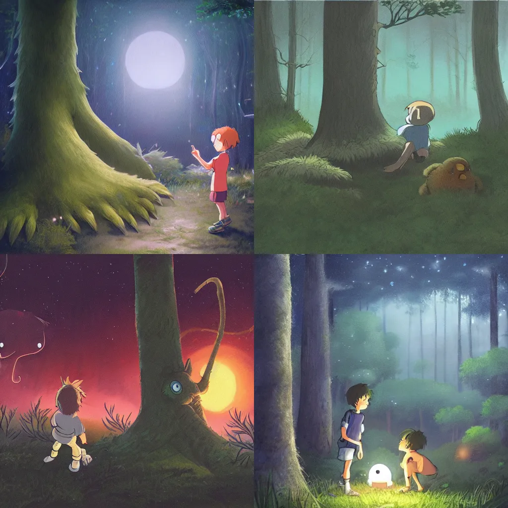 Prompt: a small boy leaning on a tree encounters a giant furry one - eyed monster in a misty moonlit forest, painting by studio ghibli. surrounded by fireflies, cinematic lighting, trending on artstation