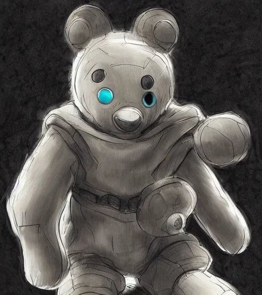 Image similar to attractive little boy wearing an cyborg bear suit, artwork in kentaro miura and made in abyss and inazuma eleven, smooth, beautiful lightness, anatomically correct, trending on pixiv, sensual composition, realistic