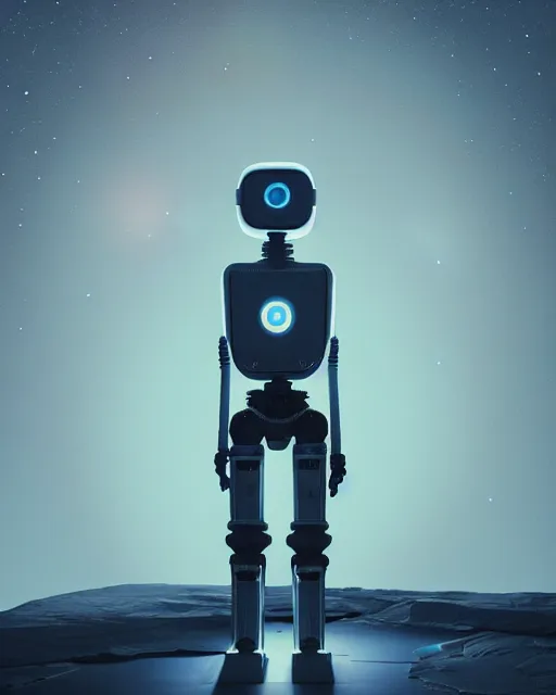 Image similar to a robot standing in front of a glowy open door that's on a barren moon, poster art by mike winkelmann, trending on cg society, space art, sci - fi, ue 5, futuristic, volumetric lighting, light casting onto the ground, neat composition and camera angle