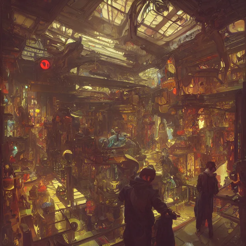 Image similar to inside a dimly lit futuristic toystore. highly detailed, digital painting, artstation, concept art, matte, sharp focus, illustration, art by artgerm and greg rutkowski and alphonse mucha