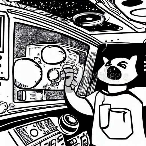 Prompt: a raccoon janitor messing with the controls on a spaceship, comic book illustration