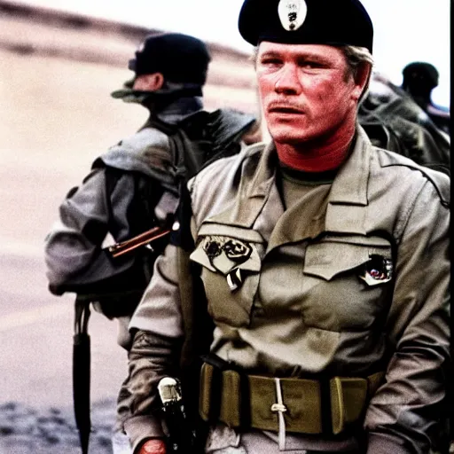 Prompt: tom berenger in a military uniform and bandana, 1 9 8 7, movie still