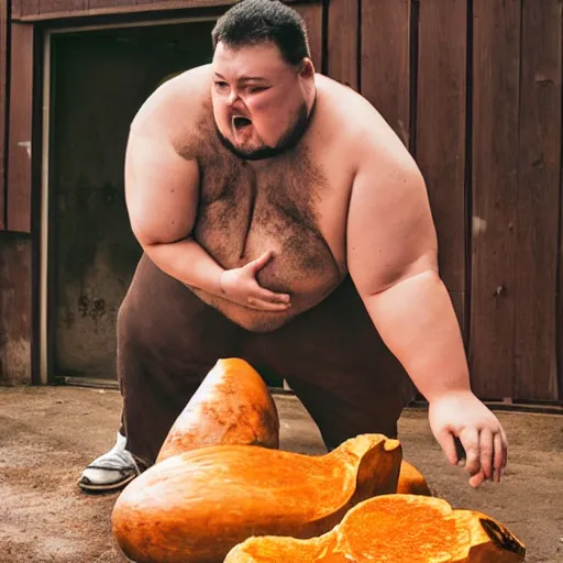 Image similar to a dramatic photo of a slightly fat man smashing a giant yam