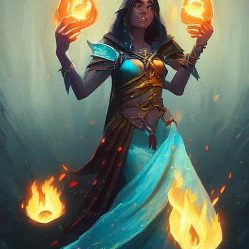 Prompt: The sorceress casting a fireball, Official Hearthstone artwork by Greg Rutkowski in Hearthstone Art style, professional illustration, very high details, insanely trending on Artstation