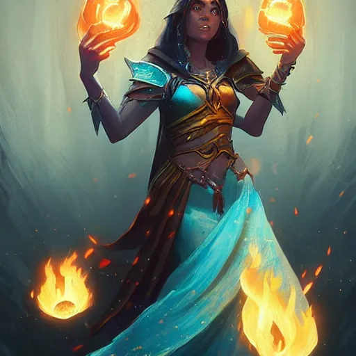 Image similar to The sorceress casting a fireball, Official Hearthstone artwork by Greg Rutkowski in Hearthstone Art style, professional illustration, very high details, insanely trending on Artstation