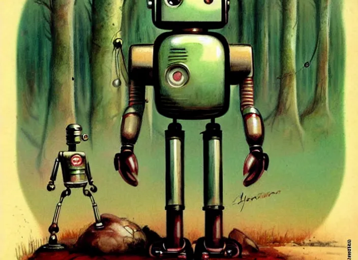 Image similar to 1 9 5 0 s retro - future robot android, forrest in background, muted colors, by jean baptiste monge, chrome red