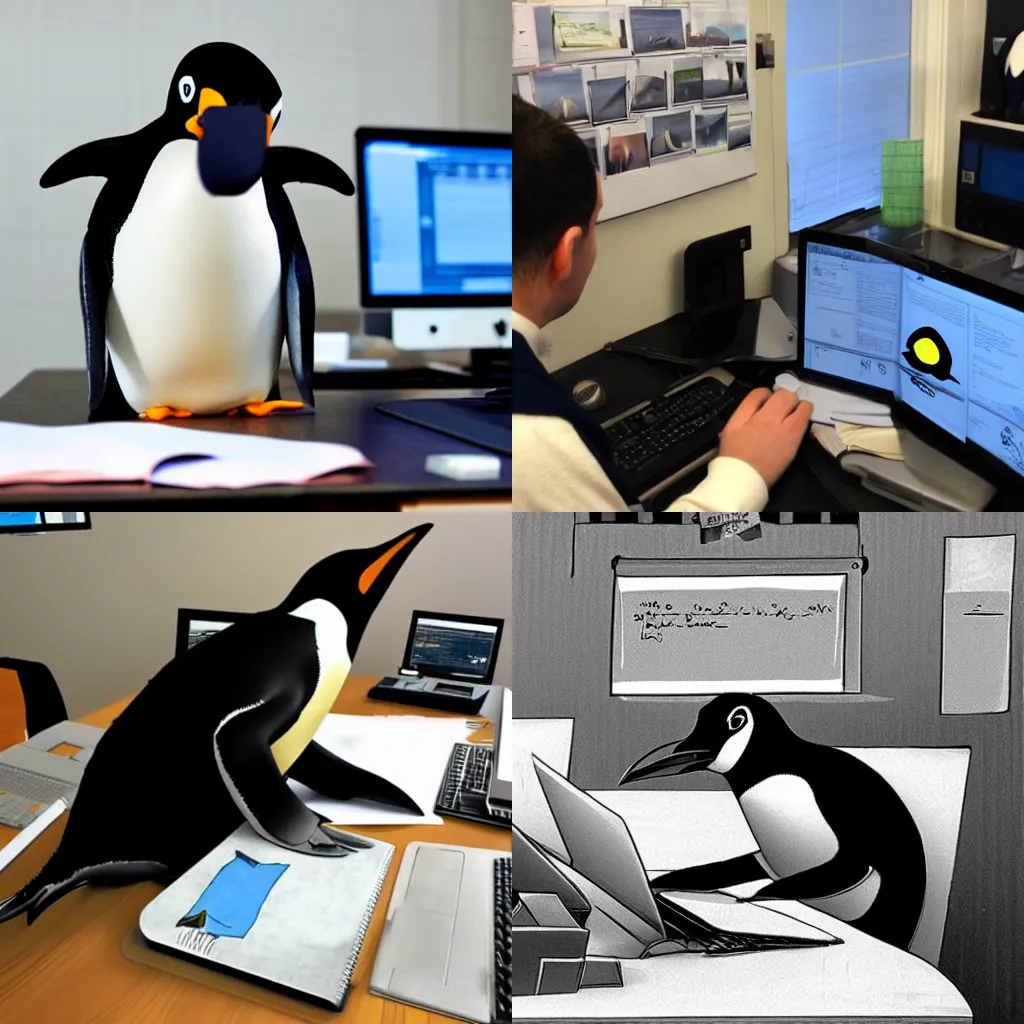 Prompt: a penguin at his desk using a computer.