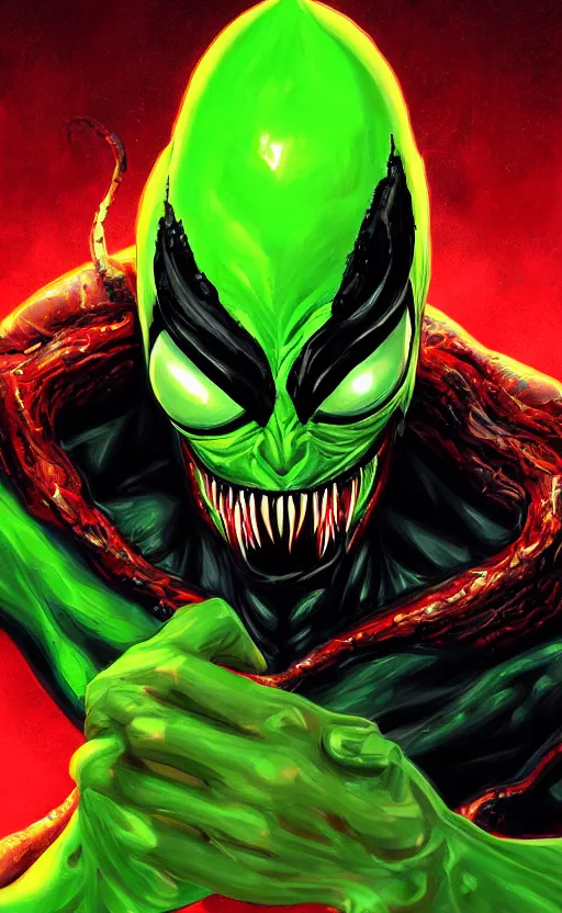 Image similar to portrait of venom as the green goblin, black and red, dynamic lighting, cinematic, ultra detailed, trending on art station, stunning visuals, creative, fantasy concept art