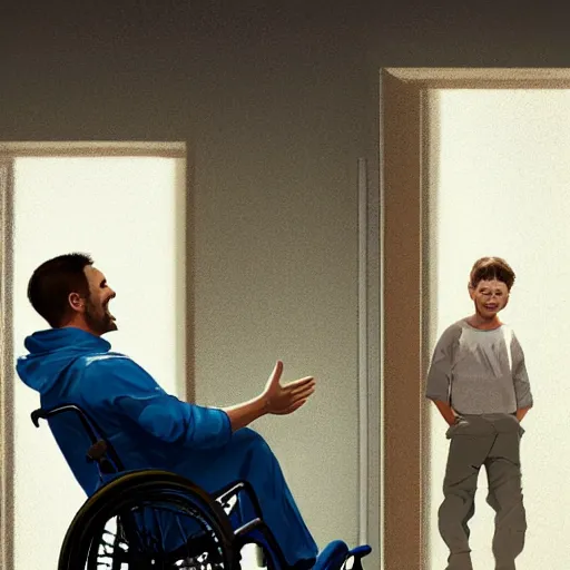 Prompt: a male patient in a wheelchair in the hospital with his wife and son standing by. happy, cheerful, smiling, intricate, sharp focus, artstation, cinematic, 8 k, art by greg rutkowski