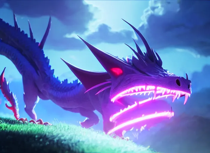 Prompt: a wholesome animation key shot of a neon dragon, close up, studio ghibli, pixar and disney animation, sharp, rendered in unreal engine 5, clear sky, anime key art by greg rutkowski, bloom, dramatic lighting