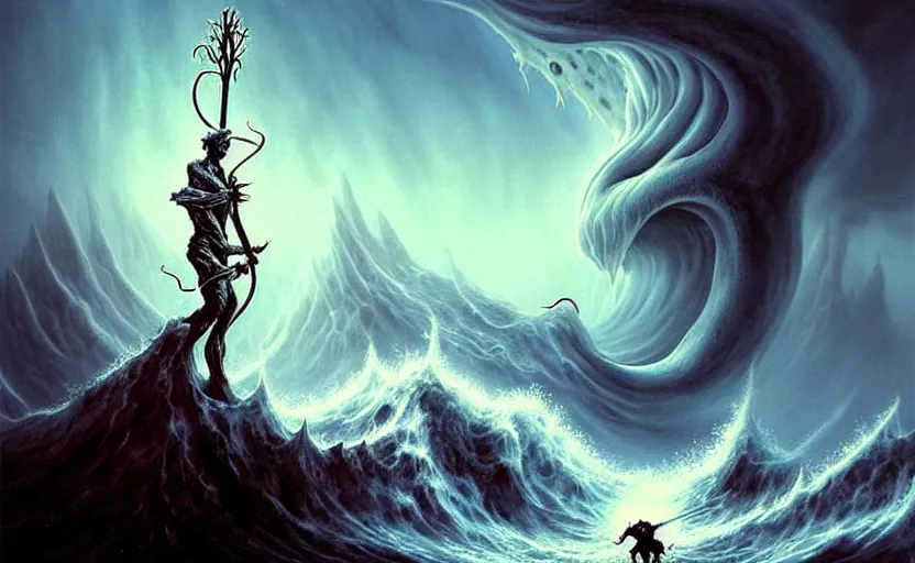 Image similar to beautiful digital fantasy illustration of a demon holding a staff!!, hellish background, a giant wave in the sky, apocalypse art!!!!, apocalypse landscape!!!!!, lovecraftian!!, cosmic horror!!!, concept art by Jarosław Jaśnikowski, a detailed matte painting by Dan Luvisi, cgsociety, fantasy art, highly detailed, soft lighting, rendered in octane, masterpiece, very very very aesthetic