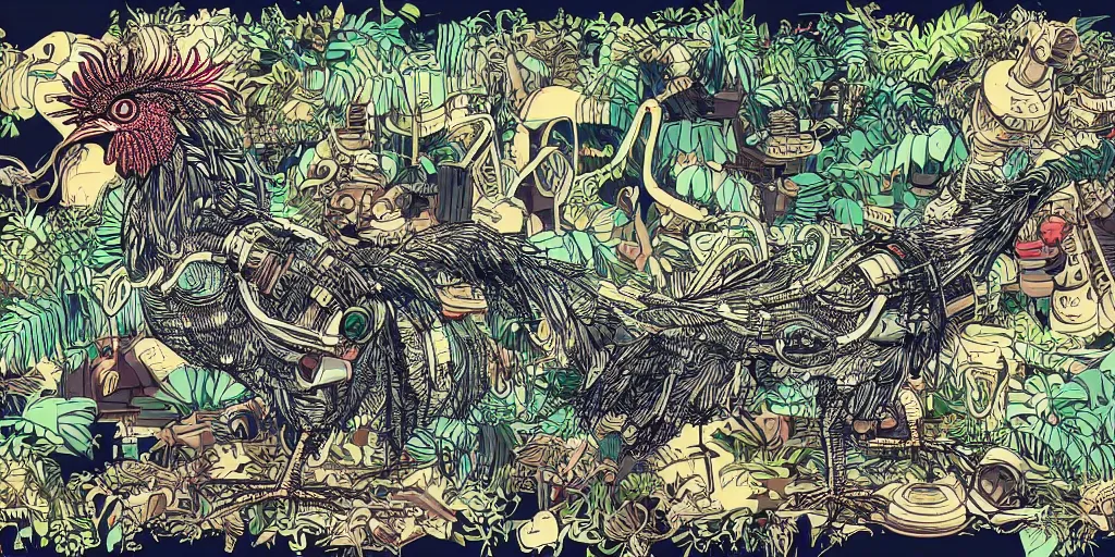 Prompt: beautiful schematic of a fighting rooster made of rocket and car engine parts in a jungle background, schematic, dieselpunk, illustration, intricate, highly detailed, studio ghibli color scheme