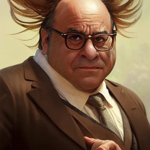 Image similar to SSJ3 Danny DeVito, western, D&D, fantasy, intricate, elegant, highly detailed, digital painting, artstation, concept art, matte, sharp focus, illustration, art by Artgerm and Greg Rutkowski and Alphonse Mucha