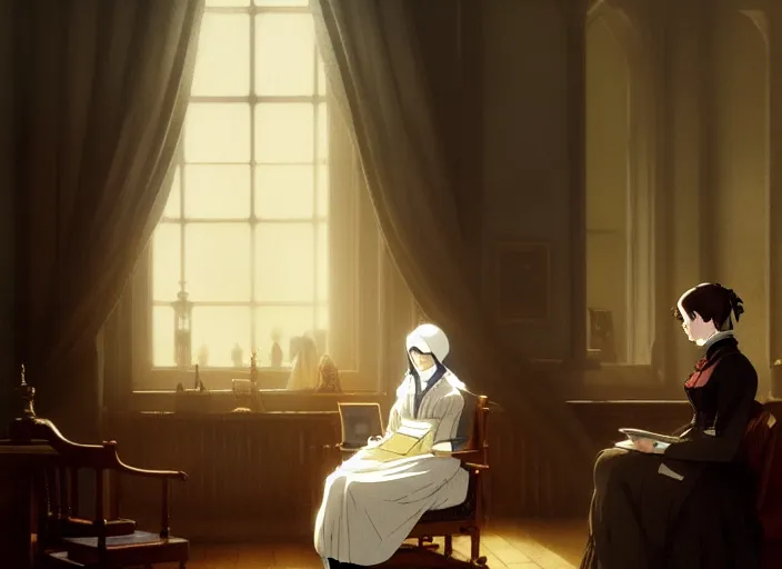 Image similar to victorian britain 1 8 3 5, adolecent florence nightingale reading in a chair in the drawing room of a english victorian manor light from a window on the left, finely detailed perfect art, gapmoe yandere grimdark, trending on pixiv fanbox, painted by greg rutkowski makoto shinkai takashi takeuchi studio ghibli