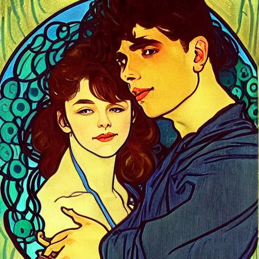 Image similar to painting of handsome young delicate beautiful jeffrey in his 2 0 s with brown hair and gorgeous rina together at the jack o'lantern halloween party holding pumpkins, elegant, clear, painting, stylized, art, art by alphonse mucha, vincent van gogh, egon schiele,