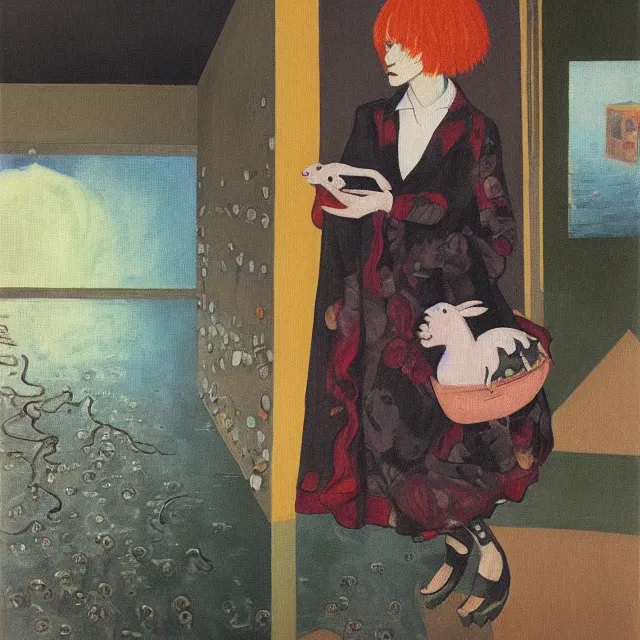 Image similar to tall female emo artist holding a pig in her flooded apartment, mushrooms, octopus, water gushing from ceiling, painting of flood waters inside an artist's apartment, a river flooding indoors, pomegranates, pigs, ikebana, zen, river, rapids, waterfall, black swans, canoe, berries, acrylic on canvas, surrealist, by magritte and monet