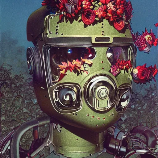 Image similar to a robot wearing a facemask made from flowers, reflective detailed textures, highly detailed fantasy science fiction painting by moebius, norman rockwell, frank frazetta, and syd mead. rich colors, high contrast. artstation