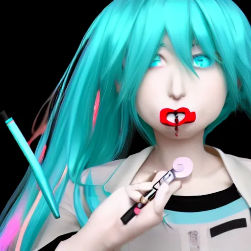 Prompt: hatsune miku high on weed with bloodshot baggy eyes smoking with a vape pen, 3 d render, 4 k