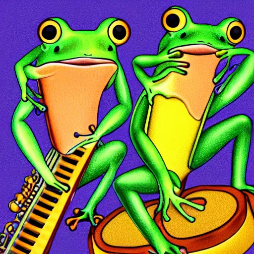 Image similar to 3 frogs playing instruments in a band, high-definition photograph