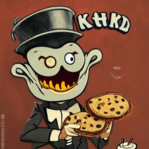 Image similar to evil anthropomorphic cookie cooking a bunch of cookies, in the kitchen, cuphead, painterly, logo, graffiti, elegant, highly detailed, digital art, art by jc leyendecker and sachin teng