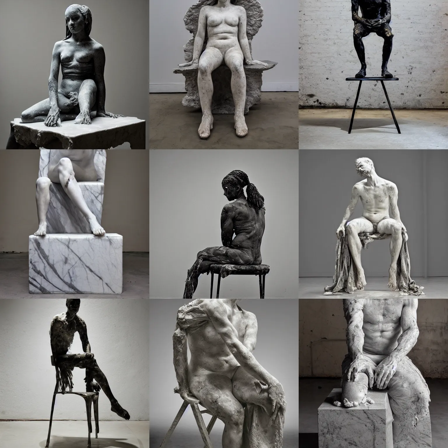 Prompt: a sculpture of a person sitting on top of a chair, a marble sculpture by nicola samori, behance, neo - expressionism, marble sculpture, apocalypse art, made of mist