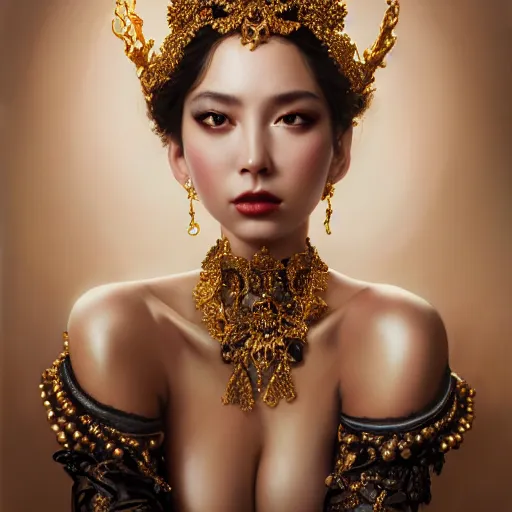 Prompt: expressive oil painting, of alluring european princess, seductive look, smooth glowing skin, glistening body, love, adoration, ornate headpiece made from black beads, choker, earrings, glamour shot, by yoshitaka amano, by greg rutkowski, by jeremyg lipkinng, by artgerm, digital art, octane render, white dress,