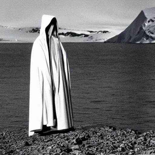 Prompt: a man wearing a long cloak and hood, in antarctica, film still, arriflex 3 5