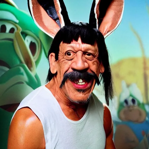 Image similar to Danny Trejo as Bugs Bunny from Looney Tunes, live action movie, set photo in costume, cosplay, photograph