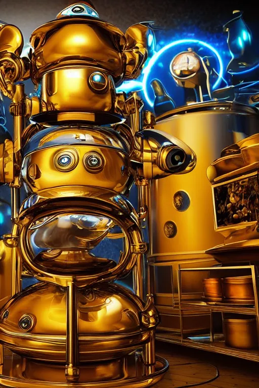 Image similar to portrait photo of a giant golden and blue metal steampunk robot wearing a big chef hat, with steaming pots and pans and tubes and a futuristic barbeque grill, eyes are green lights, shiny crisp finish, 3 d render, 8 k, insaneley detailed, fluorescent colors, background is multicolored lasershow