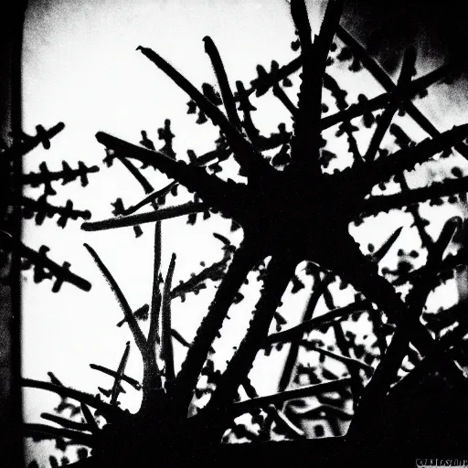 Image similar to North korean starfish monster, kaiju-eiga, thriller, monochrome, film grain, flare, backlit