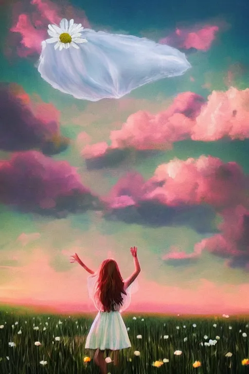 Image similar to veil of giant white daisy flower as head, girl dancing in a flower field, surreal photography, sunrise, dramatic light, impressionist painting, colorful clouds, digital painting, artstation, simon stalenhag