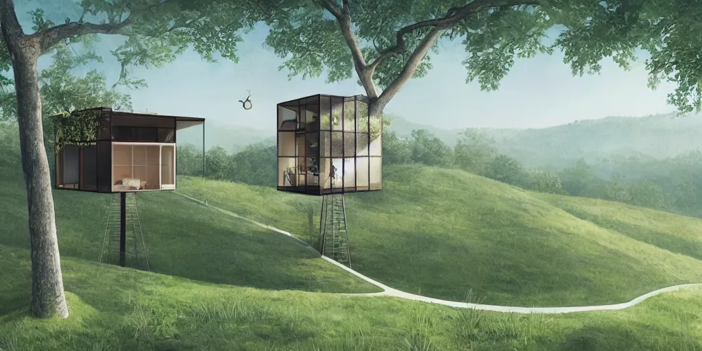 Image similar to a beautiful illustration of tree house by studio ghibili situated on a hill