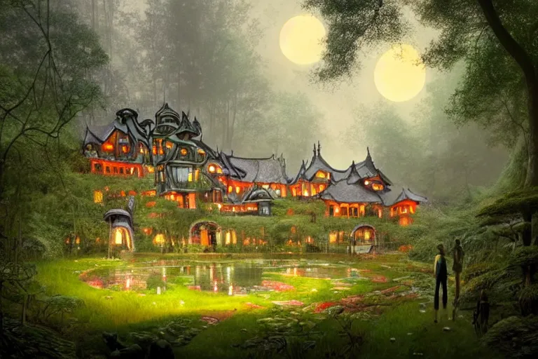 Prompt: huge mansion from hundertwasser and gaudi in a deep mystical forest with japanese garden around it, mushrooms and dense vegetation, tall people walking and discussing, dynamic lighting, art by greg rutkowski and moebius on artstation, fantasy art, glowing lights, night sky with moon