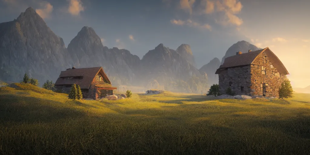 Image similar to a serene mountainous landscape with a singular building at sunrise, concept art, octane render, unreal engine 5, trending on DeviantArt, highly detailed, high quality, 4K, symmetrical, godrays, complementary colors, path traced, matte painting, breathtaking landscape, epic image, soft lighting