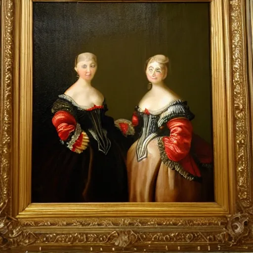 Image similar to oil on canvas. two women in a vast castle lobby wearing fine clothes. dark room with light coming through the right side of the place. baroque style 1 6 5 6. high quality painting, no distortion on subject faces.