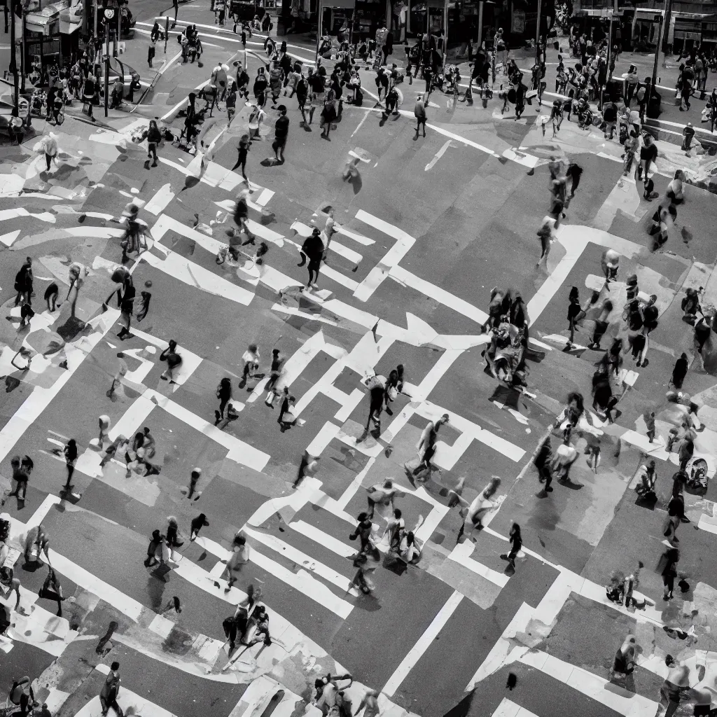 Prompt: a black and white photo of people crossing a street, a tilt shift photo by ned m. seidler, featured on pexels, photorealism, streetscape, anamorphic lens flare, dynamic composition