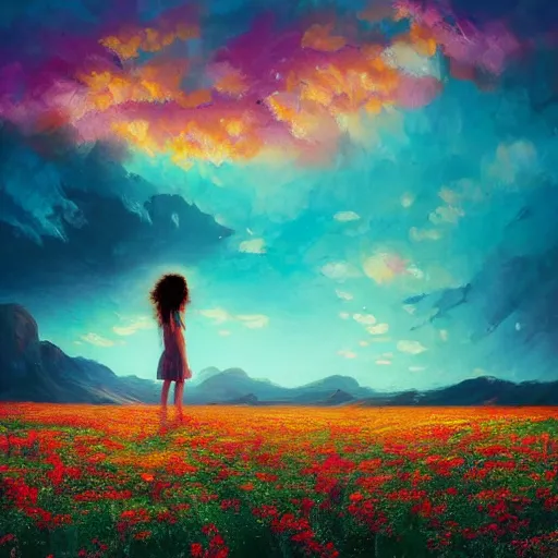 Image similar to girl with a blooming flower face, surreal photography, bizzare, dreamlike, otherworldly, standing in flower field, in a valley, sunrise dramatic light, impressionistic painting, colorful clouds, artstation, simon stalenhag