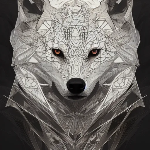 Image similar to Geometric Wolf, intricate, elegant, highly detailed, digital painting, artstation, concept art, smooth, sharp focus, illustration, art by artgerm and greg rutkowski and alphonse mucha