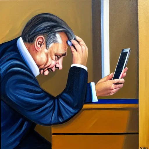 Image similar to viktor orban playing on his phone in a cubicle, oil painting