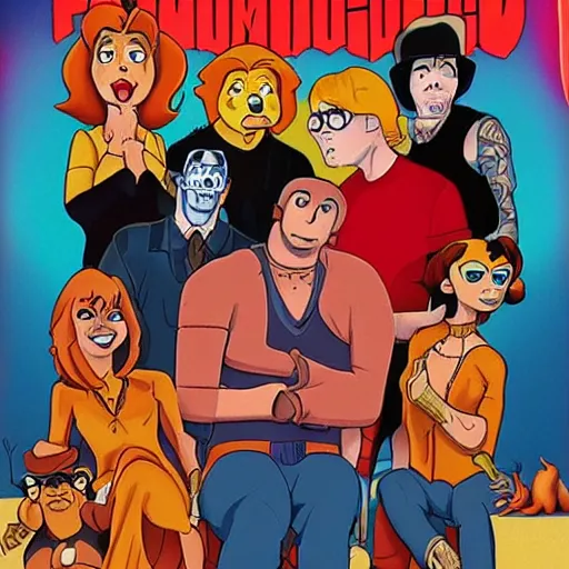 Prompt: A police lineup featuring Freddy, Daphne, Velma, Shaggy, and Scooby Doo, gritty promotional movie poster, realistic, tattoos, piercings